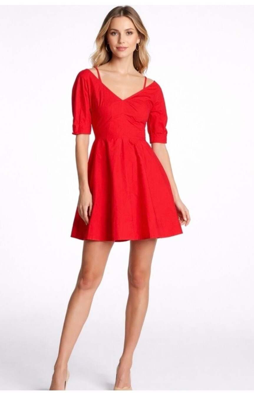 Derek Lam 10 Crosby Red Cotton Poplin Off-Shoulder Mini Dress Size 6